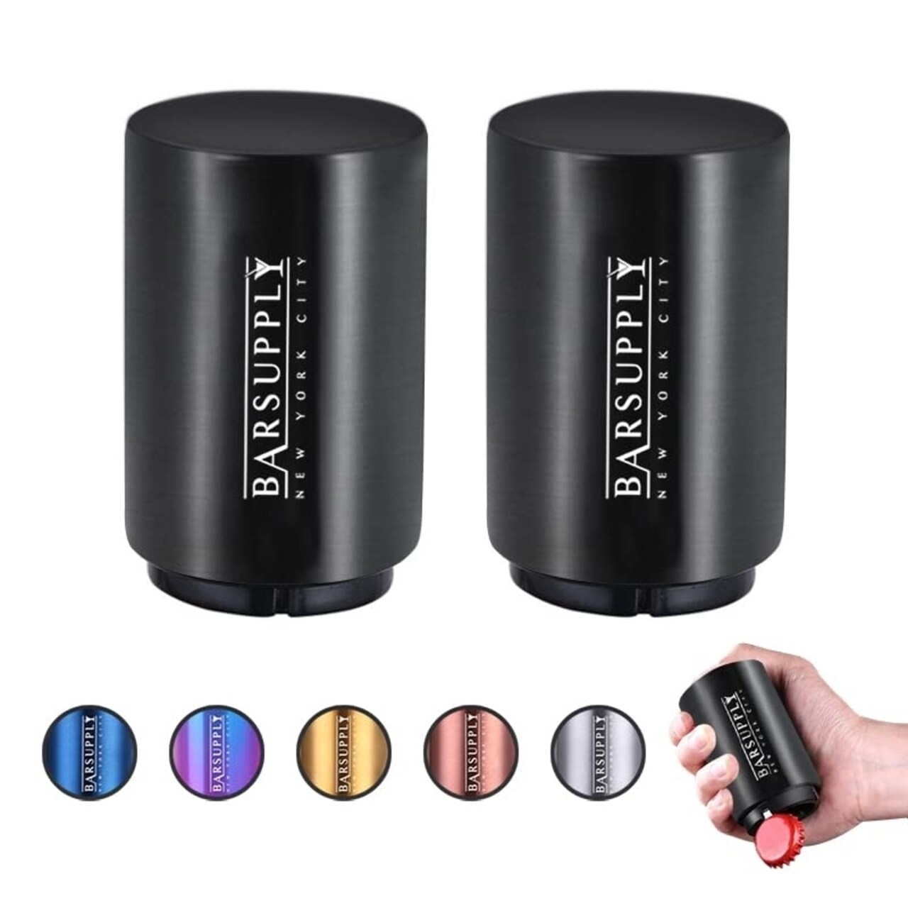 BARSUPPLY 2-Pack Beer Bottle Opener - Push Down and Pop Off Bottle Opener - Automatic Beer Top Popper - Magnetic Cap Catcher -